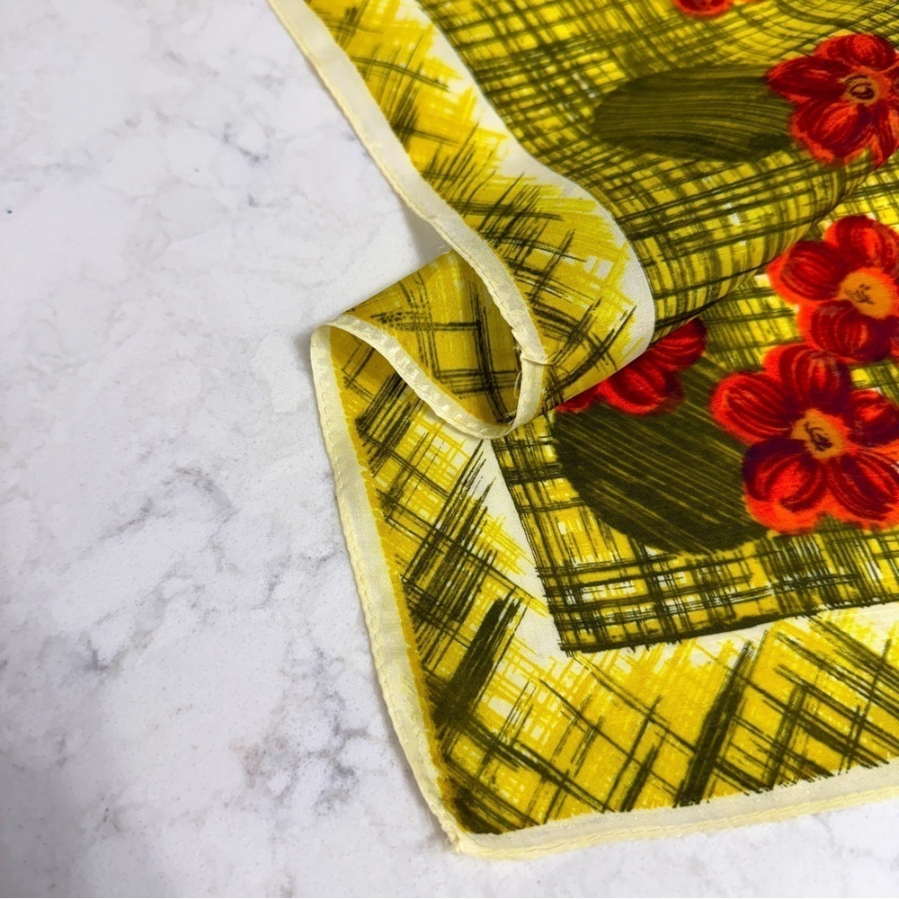 Vintage Floral Geometric Pattern Square Scarf Yellow MCM - Picture 5 of 8